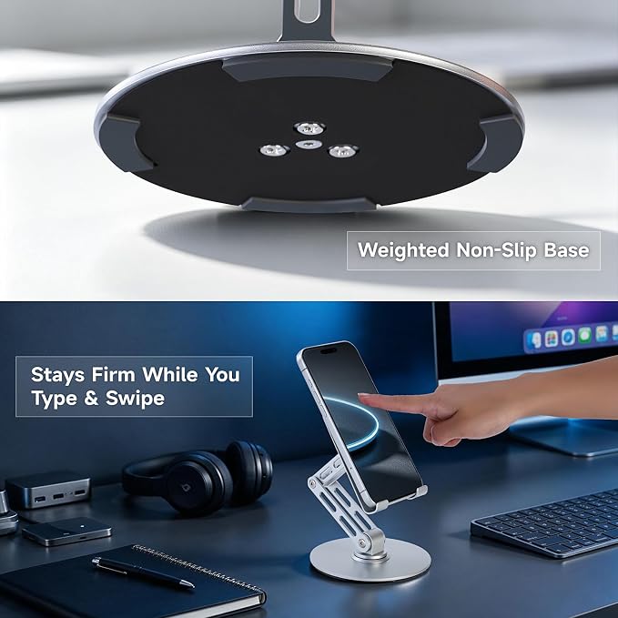 Adjustable Aluminum Phone Stand for Desk Phone Holder for iPhone &amp iPad | Weighted Metal Base for Stable Typing Adjustable Height &amp 360° Rotation for Comfortable Desk Use