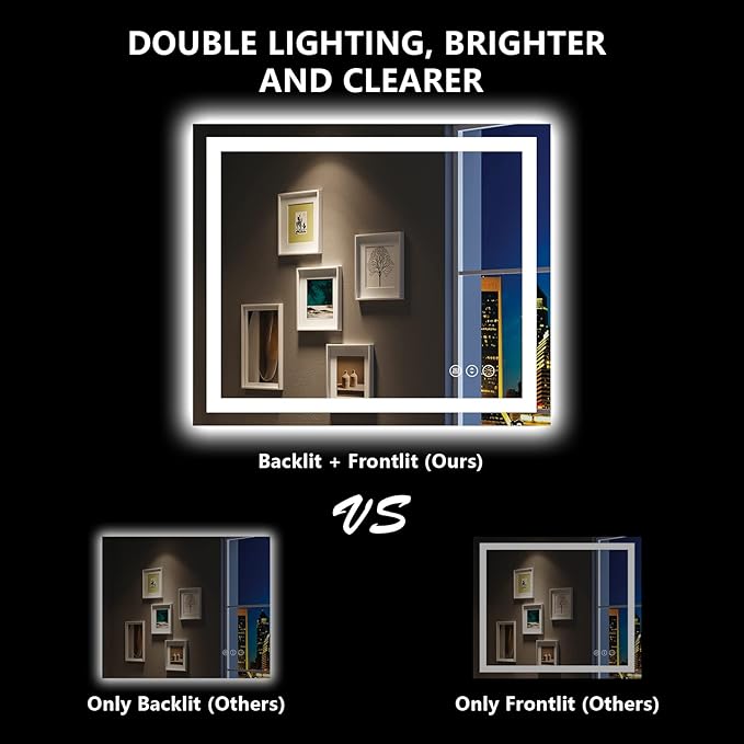 YEELAIT 48x36 Inch LED Bathroom Mirror with Lights Front and Backlit Lighted Vanity Mirror for Bathroom Wall with 3 Colors Dimmable Anti-Fog Memory Shatter-Proof IP54 Waterproof Horizontal/Vertical