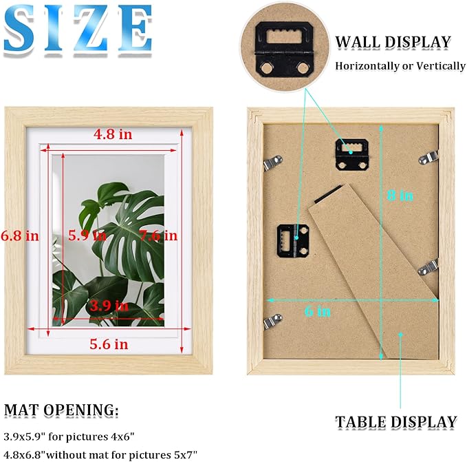 Egofine 6x8 Picture Frame Made of Solid Wood with Plexiglass, Display Pictures 4x6/5x7 with Mat or 6x8 Without Mat for Tabletop and Wall Mounting, Oak Wood
