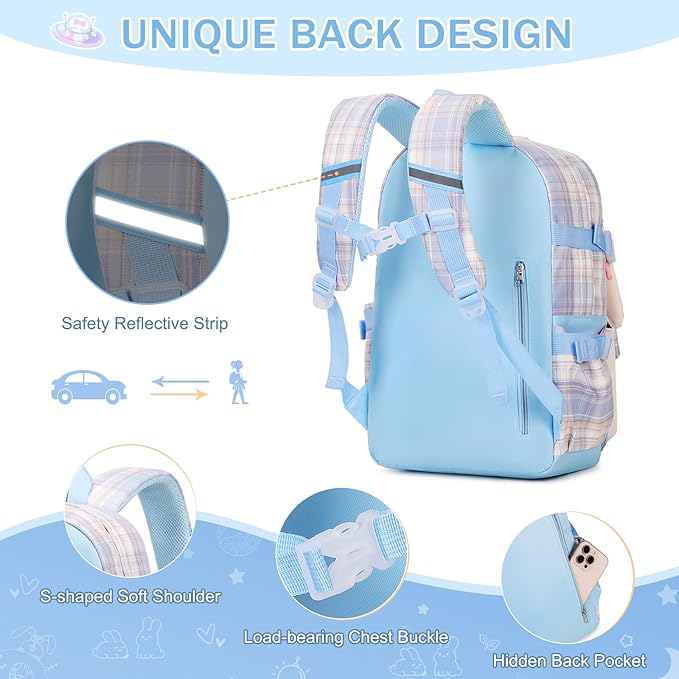 Girls Backpack Set, 3PCS Kids Backpacks for Girl, Kawaii Bunny School Backpack for Girls Kindergarten Elementary Preschool Middle School Bags with Lunch Box Pencil Case Blue-Plaid