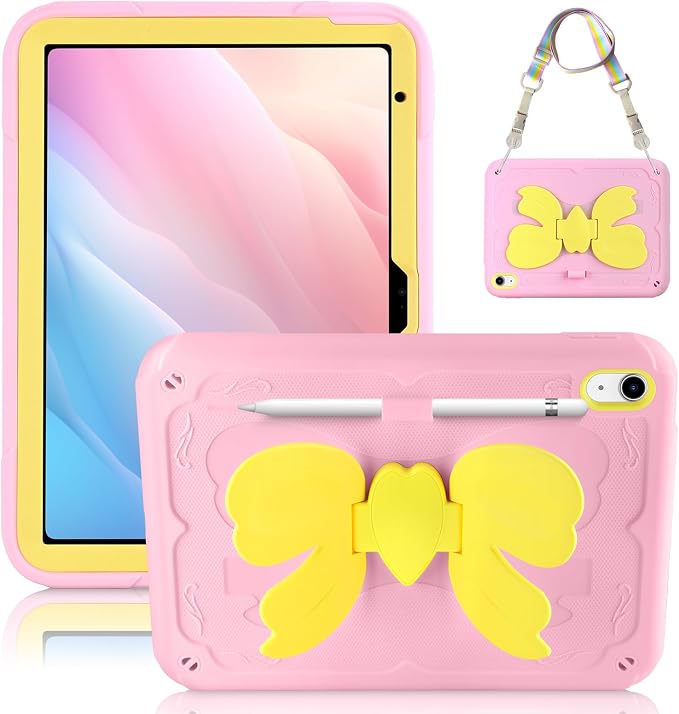 for iPad 10th Case 10.9 Inch for iPad A16 Case for Kids Girls Purple Pink | Built in Pencil Holder Stand Durable Rugged Heavy Duty Shockproof Protective Cover for iPad 10th Generation with Strap