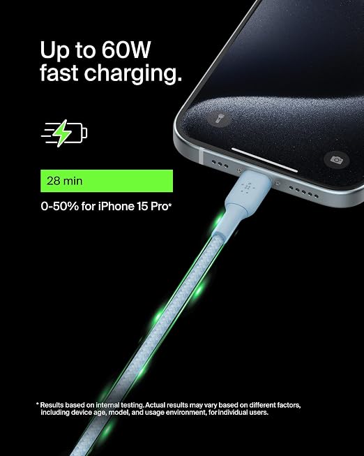 Belkin USB C to USB C Braided Cable 3.3ft iPhone Charger Cord | tangle-free braided cord iPhone 17/16 Samsung Galaxy S25 Pixel 9 MacBook iPad Pro Nintendo Switch 2 travel essential
