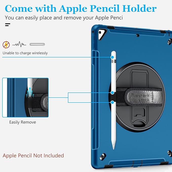 Case for iPad Pro 12.9 2nd Generation 2017& 2015 1st Generation, Heavy Duty TPU Protective Cover with Screen Protector- 360° Rotatable Stand + Handle Hand & Shoulder Strap + Pencil Holder- Blue