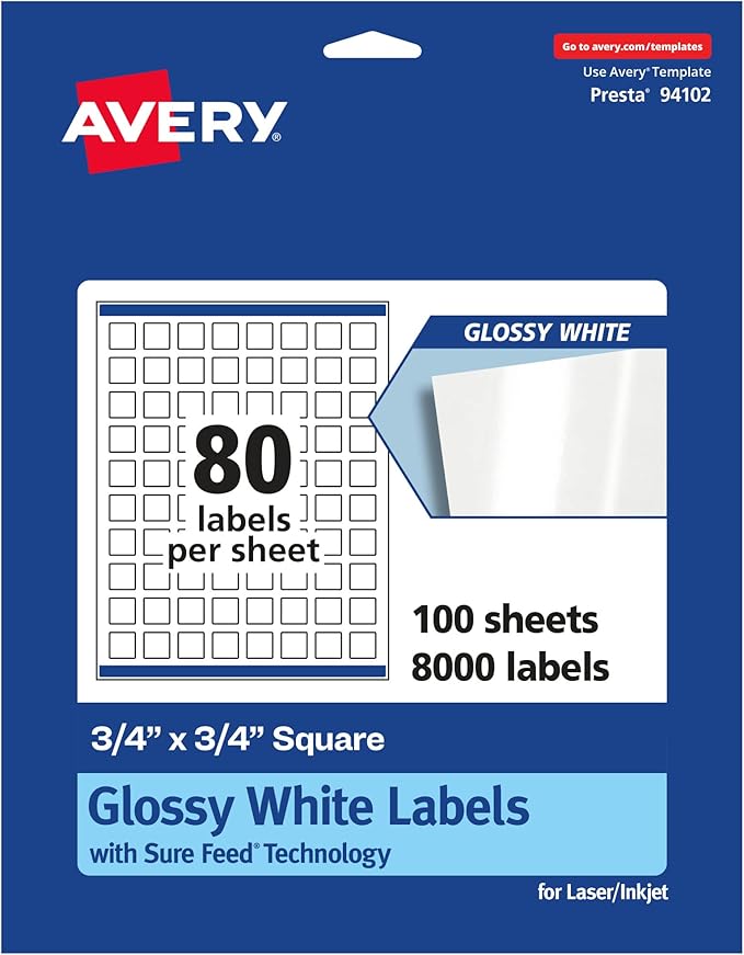 Avery Glossy White Square Labels, Sure Feed Technology, 3/4" x 3/4", 8,000 Glossy White Labels, Print-to-The-Edge, Permanent Adhesive, Laser/Inkjet Printable