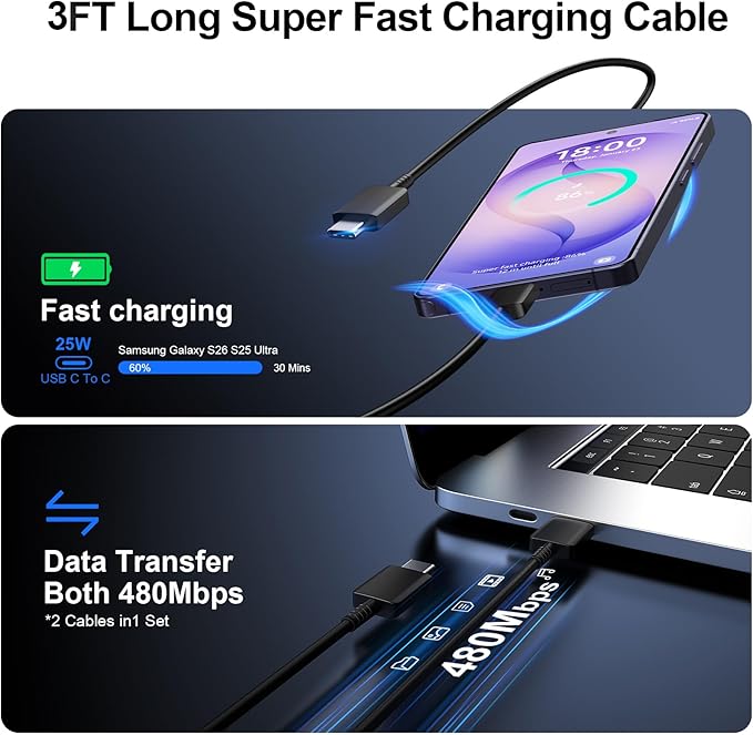 Super Fast Charger Type C 25W USB C Wall Charger Fast Charging for Samsung Galaxy S26 Ultra/S26/S26+/S25 Ultra/S25/24 Ultra/S24/S23 Ultra/S22 Ultra with 10FT Long Android Type C Charger Cable 2Pack