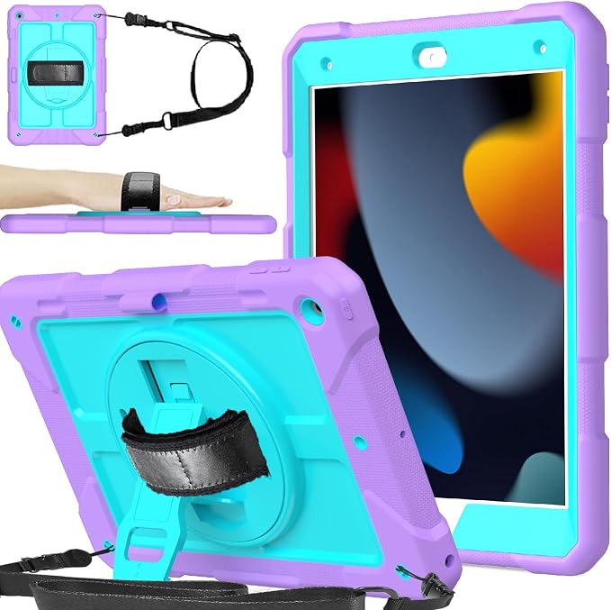 BMOUO for iPad 9th/8th/7th Generation Case 10.2 Black | Shockproof Rotating Stand Shoulder Hand Strap iPad 9th/8th/7th Generation Case with Pen Holder for iPad 10.2“ 2021/2020/2019