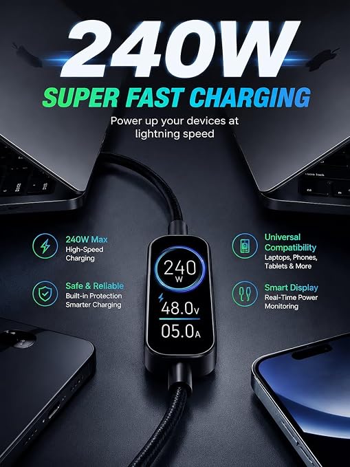 LITO 240W USB C to USB C Cable with TFT Touch Screen PD 3.1 EPR Braided Fast Charging Cord for Power Monitoring Compatible with iPhone 17/16/15 MacBook Laptop Galaxy Pixel Steam Deck 4FT