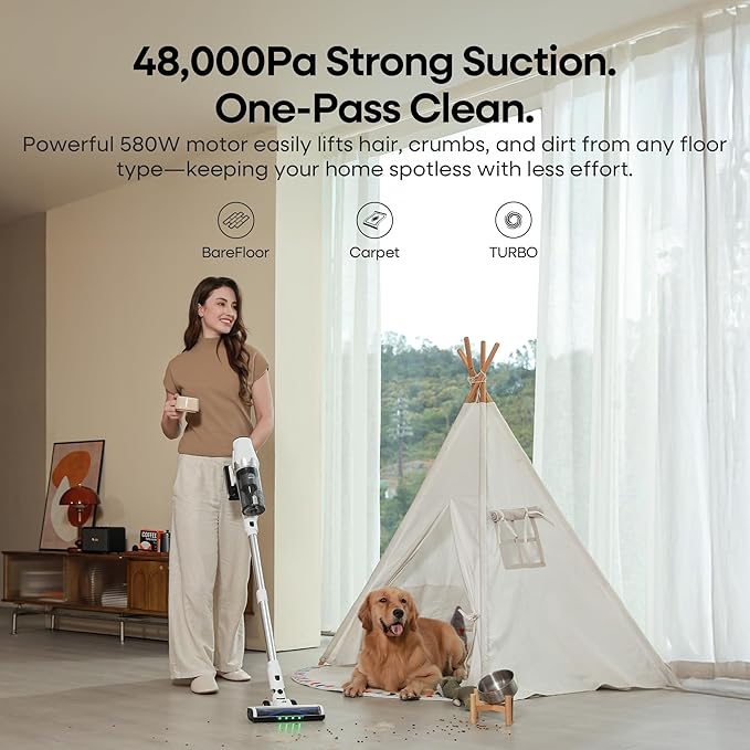 ElecKeys Cordless Vacuum Cleaner, 580W 48KPA 65Mins Vacuum Cleaners for Home, Self-Standing Anti-Tangle Vacuum with LED Display, Rechargeable, Lightweight, Cordless Vacuum for Floors/Pet Hair/Carpets