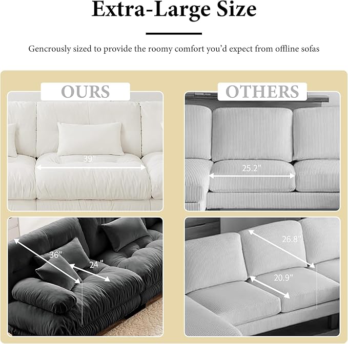 133.8" Oversized Couch, 3 Seater Modular Sectional Sofa, Grey Large Sectional Fluffy Couch Set, Chenille Cloud Couch with 5 Pillows, Deep Seat Sofas for Living Room