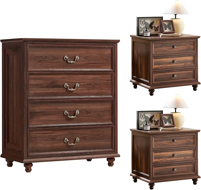 24" Wide Farmhouse Nightstand Set of 2, 54" 7 Drawers Dresser, 37" Tall Rustic Chests of Drawers w/ 4 Solid Wood Feet, Farmhouse Furniture Series for Living Room,Bedroom,Brown