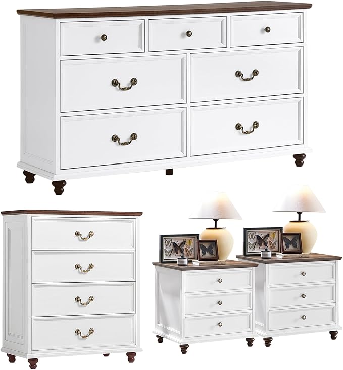 24" Wide Farmhouse Nightstand Set of 2, 37" Tall Rustic Chests of Drawers w/ 4 Solid Wood Feet, Farmhouse Furniture Series for Living Room,Bedroom,White