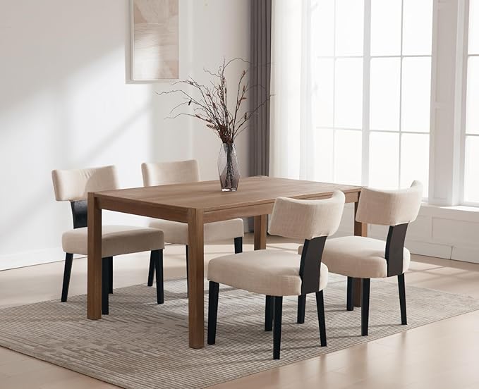 Modern Upholstered Dining Chairs Set of 6, Mid Back, Farmhouse Beige Dining Room & Kitchen Chairs, Black Wood Armless Side Chair for Living Room/Home Office/Reception