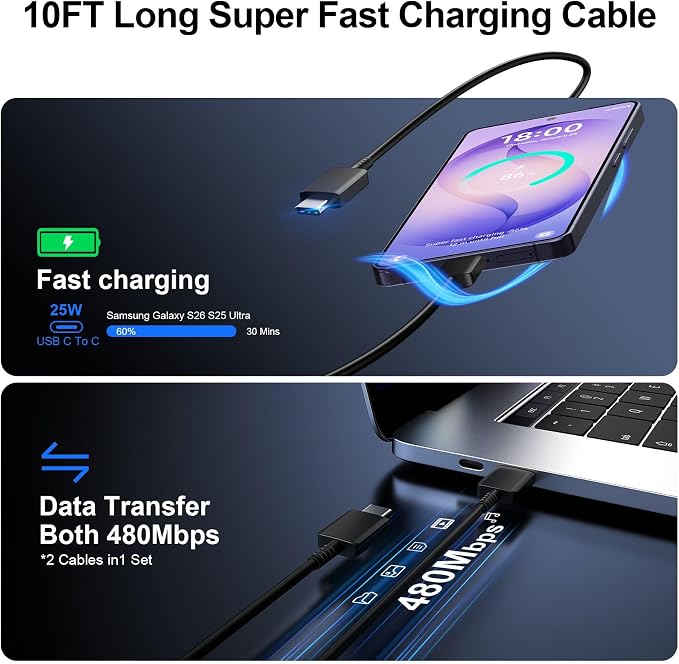 Super Fast Charger Type C 25W USB C Wall Charger Fast Charging for Samsung Galaxy S26 Ultra/S26/S26+/S25 Ultra/S25/24 Ultra/S24/S23 Ultra/S22 Ultra with 10FT Long Android Type C Charger Cable 2Pack