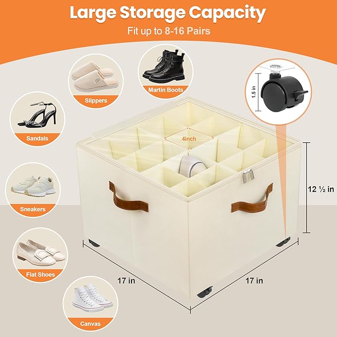 Shoe Organizer for Closet, 2 Pack Shoe Storage Organizer with Wheels and Adjustable Dividers, Stackable Shoe Storage Box with Clear Cover, Foldable Closet Shoe Organizer Fits up to 16-32 Pairs, Beige