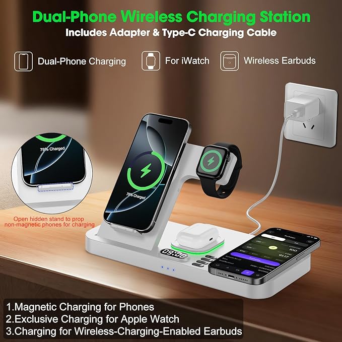 Dual Phone Wireless Charging Station for Apple Devices, Magnetic Charging Station for iPhone with Auto Switch 7-Color Light&Clock, Family Watch Charger for iPhone17 for iWatch11 for AirPods Pro3(Cream