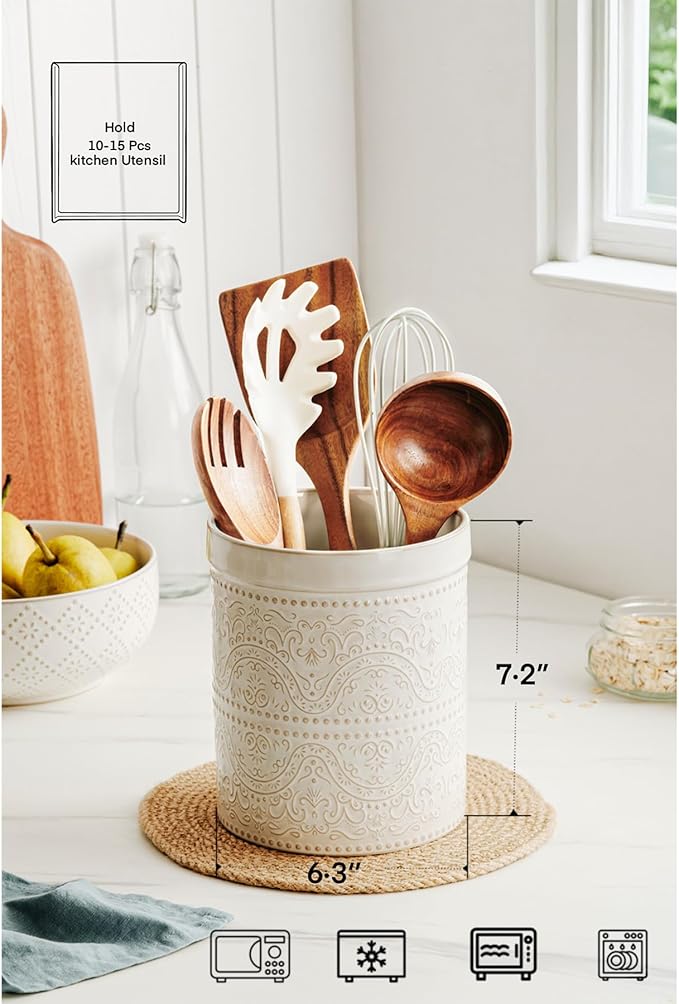 Kitchen Utensil Holder, 7 Inches Large Ceramic Utensil Holder for Countertop, Lace Emboss Cooking Utensil Crocks for Kitchen, Home Decor, Off-White