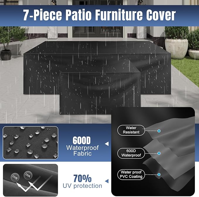 Aoxun 7 Pieces Patio Furniture Set with 40” Fire Pit Table Wicker Rattan Outdoor Sectional Conversation Set with Coffee Table and 4” Thickened Cushions, Blue(Waterproof Cover Included)