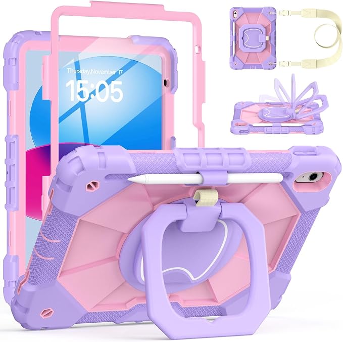 Case for iPad A16 11th/10th Generation 11/10.9 Inch 2025/2022 Dinines Full-Body Drop Protection Shockproof iPad a16 Case with Screen Protector 360° Rotating Stand Shoulder Strap Pencil Holder Black