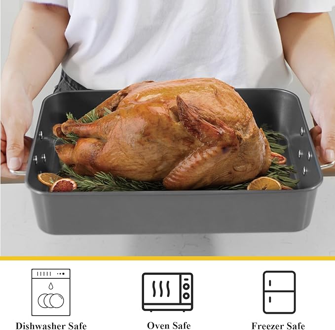 CYEAH 2 Pack Deep Lasagna Pan Set, 13.7 and 16 Inch Nonstick Carbon Steel Baking Pans for Oven, 3 Inch Deep Rectangle Cake Pans with Handles for Lasagna, Brownies, Roasting and Casseroles, Black