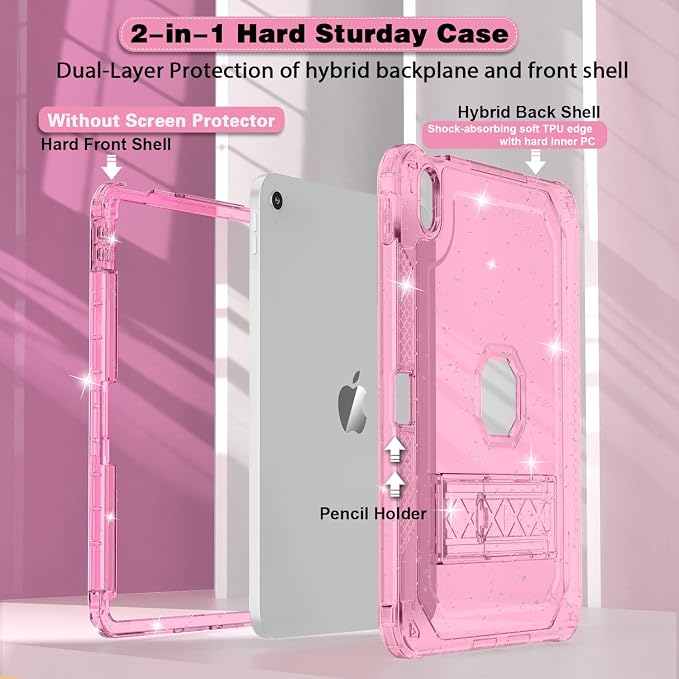 ZoneFoker Case for iPad 11-inch (A16) 2025 / iPad 10th Gen 10.9 inch 2022 Heavy Duty Shockproof Rugged Protective with Pencil Holder 11th / 10th Translucent Cover with Kickstand