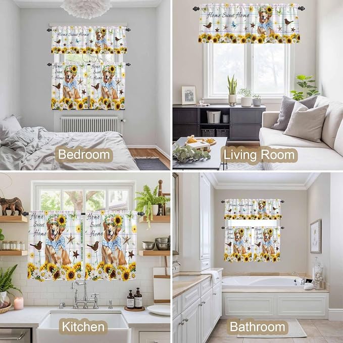 Kitchen Curtains Tiers and Valance Set of 3, Sunflowers Dog Light Filtering