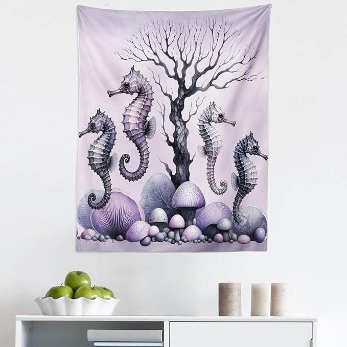 Ambesonne Purple Tapestry, Dried Tree with Mushrooms in Lilac Color Palette and Huge Seahorse Prints, Fabric Wall Hanging Decor for Bedroom Living Room Dorm, 23" X 28", Mauve and Lavender