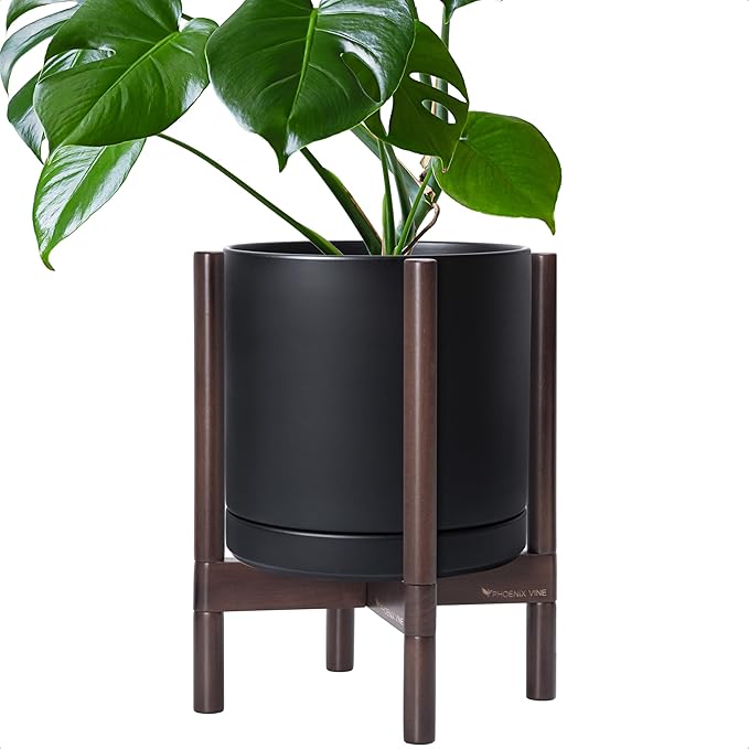 D'vine Dev Ceramic Planter with Walnut Color Stand - 12 Inch Modern Round Flower Pot with Wood Planter Holder, Black, 55-B-W-2