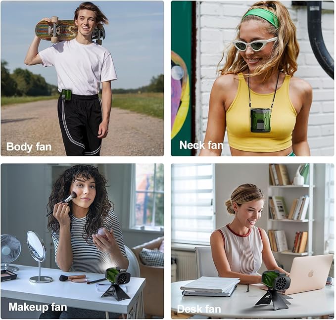FlarePoint Portable 4-in-1 Waist/Neck/Desk Fan with Phone Stand & LED Light | 10000RPM Ultra-Fast Cooling, 4-Speed Rechargeable Battery | Lightweight for Indoor, Outdoor, Camping, Makeup(Green)