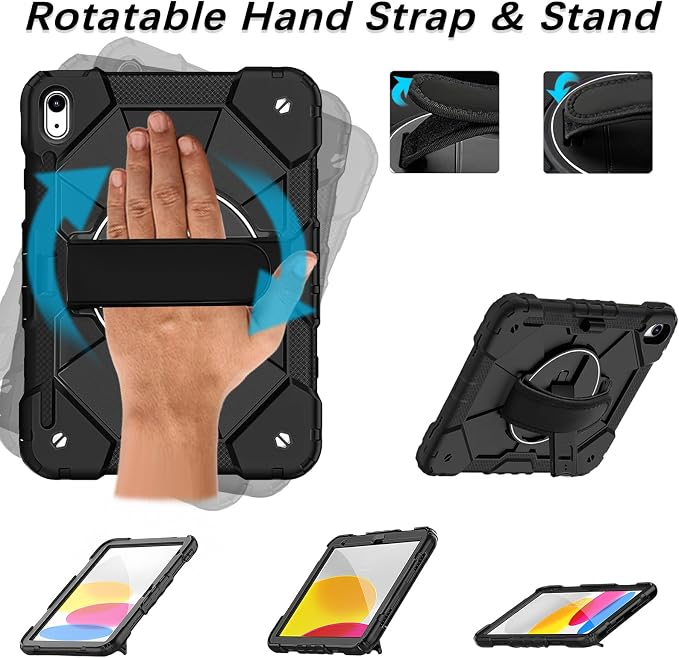 Weuiean Case for iPad A16 11th/10th Generation 11/10.9 Military-Grade Heavy-Duty Shockproof Cover with 360° Rotating Stand Built-in Pencil Holder &amp Adjustable Hand/Shoulder Strap - Black