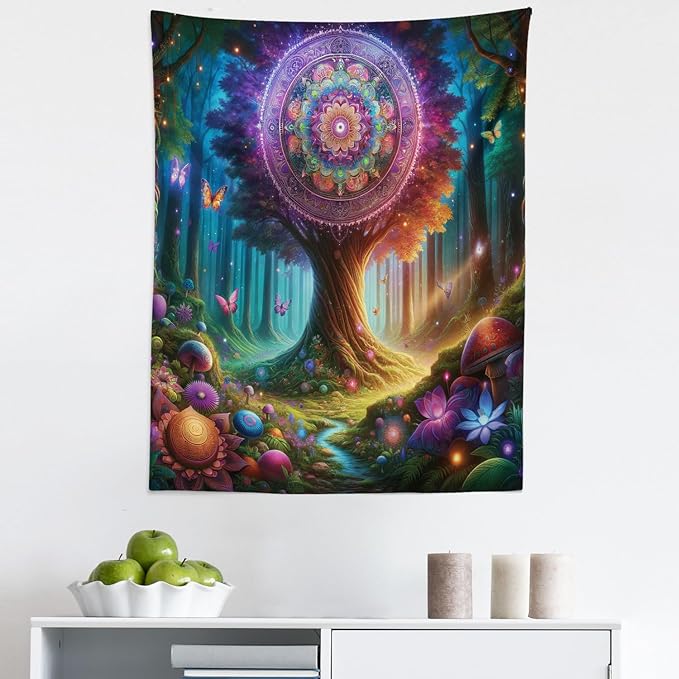 Ambesonne Nature Tapestry, Wonderland Forest Tree Trippy Mandala Floral with Butterfly Ensemble Dream, Fabric Wall Hanging Decor for Bedroom Living Room Dorm, 23" X 28", Indigo Green Aqua