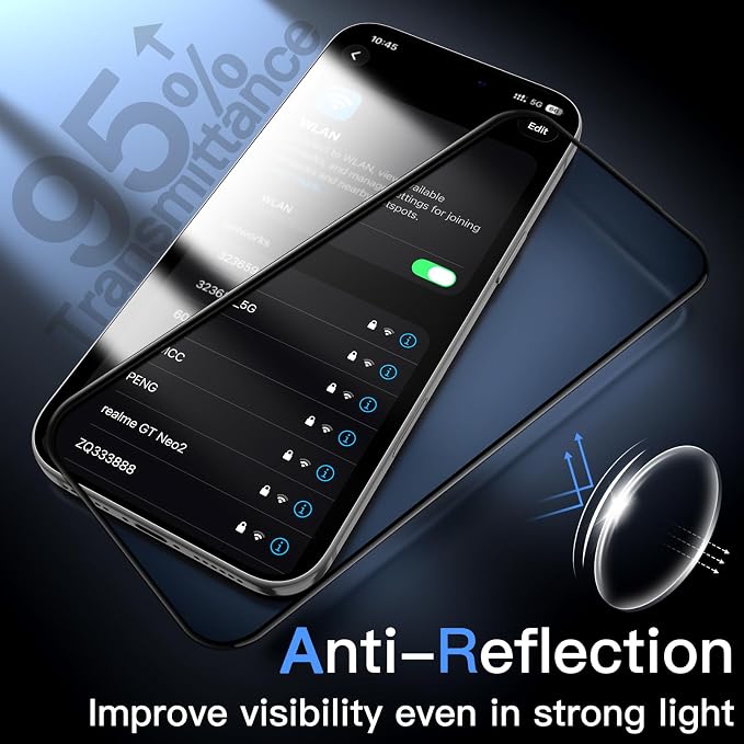 JETech Infinity AR Screen Protector for iPhone 17 Pro AR Anti-Reflective Coating 9H+ 3D Full Coverage Tempered Glass Military-Grade Shatterproof Smudge-Resistant Easy Install 1-Pack
