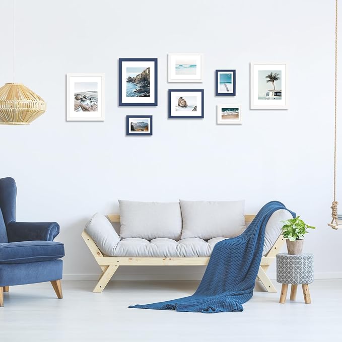 4x6 Picture Frame Set of 4, High Definition Real Glass, Display Pictures 3.5x5 with Mat or 4x6 Without Mat, Gallery Wall Hanging or Tabletop Photo Frames, Blue