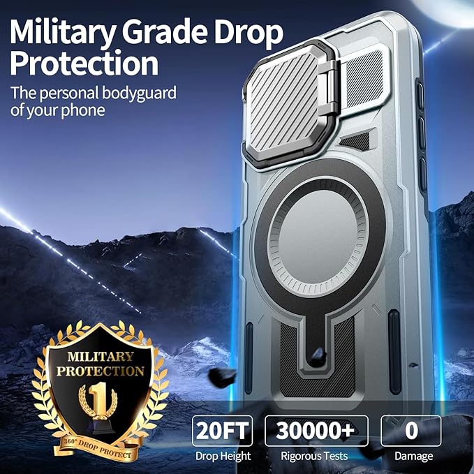 Camera Stand Case for iPhone 15 Pro, [Compatible with MagSafe] [Lens Cover] 2024 Version Military Grade Protective Soft Case for iPhone 15 Pro 6.1 inch Men Women, Grey