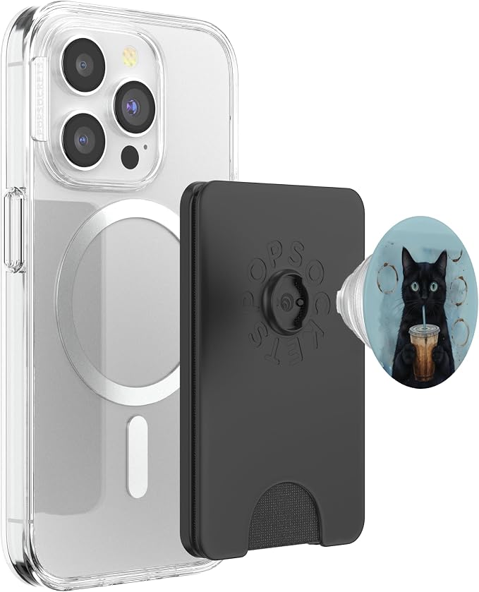 Blue Black Cat Coffee Lover Illustration Print PopSockets PopWallet for MagSafe