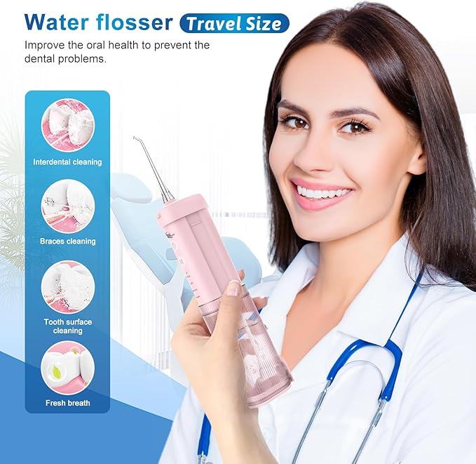 JNGOODS Mini Portable Water Flosser Oral Irrigator Water Teeth Cleaner Pick, Telescopic Water Tank, 4 Modes & IPX7 Waterproof, Home & Travel Water Flossers for Teeth, Braces Bridges Care. (Pink)