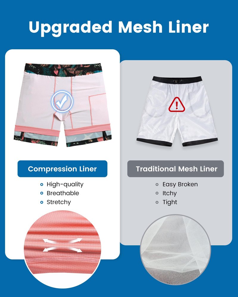 maamgic Mens Swim Trunks with Compression Liner 7 Inch Inseam Mens Bathing Suit Quick Dry Swimming Trunks Swimsuit Submarine Pink Black Medium