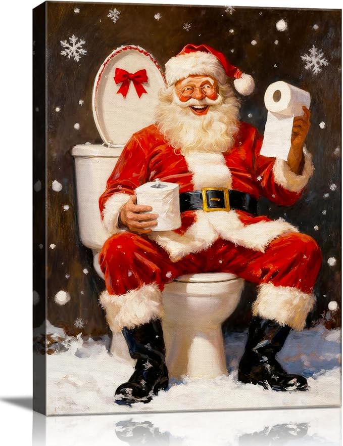 Vintage Humorous Santa Christmas Wall Art - Comical Canvas Print for Bathroom Decor, Ready to Hang Framed Picture, Perfect Funny Christmas Gifts & Quirky Holiday Decorations