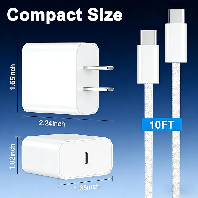 iPhone 17 Charger Fast Charging [Apple MFi Certified] 2Pack Long 10FT USB C to C Woven Cable Cord Quick iPhone Charger Block for Apple i-Phone 17 Pro Max/17e/Air/16 Pro/15/iPad