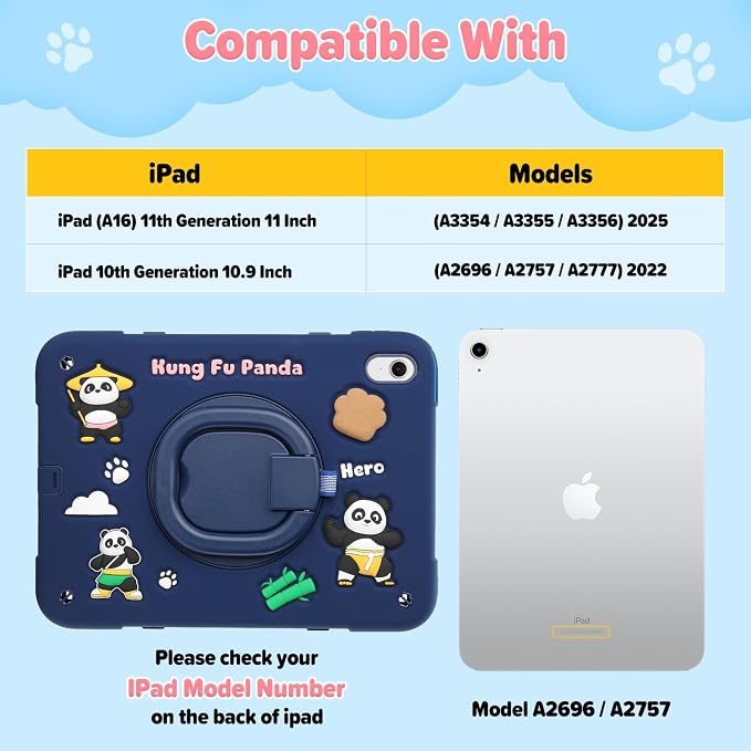 Case for iPad A16 11th Generation 11 Inch 2025 iPad 10th Generation 10.9 Inch 2022 Silicone 3D Panda Design Kids Case Heavy Duty Protection with Kickstand/Pencil Holder/Strap