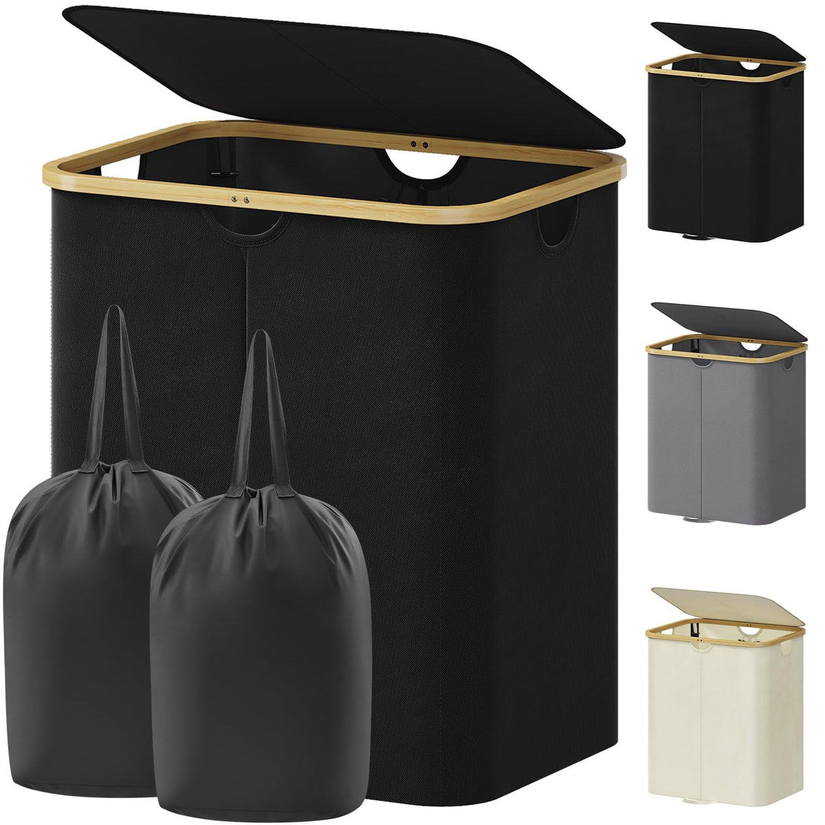 Lifewit 120L Double Laundry Hamper with Lid, Large Laundry Basket with Removable Bag & Bamboo Handles, Fodable Tall Dirty Clothes Hamper for Laundry Collapsible Bin for Bathroom Bedroom Dorm, Black