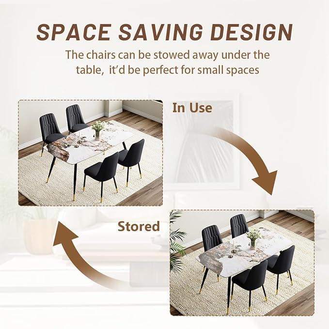 Table and Chairs Set of 4, Dining Room Table Set for 4, Sintered Stone Kitchen Table Top and Modern Chairs Set of 4 for Kitchen Dining Room