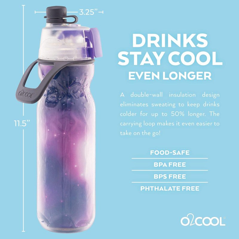 O2COOL Mist 'N Sip Misting Water Bottle 2-in-1 Mist And Sip Function With No Leak Pull Top Spout Reusable Sports Water Bottle - 20 oz (Celestial Purple)