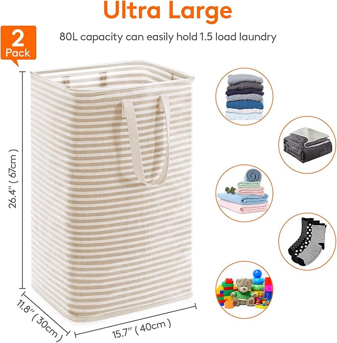 Lifewit Laundry Hamper Large Collapsible Laundry Basket, Freestanding Waterproof Clothes Hamper Storage with Easy Carry Handles for Clothes in Bedroom Bathroom College Dorm for Adults,Beige, 80L