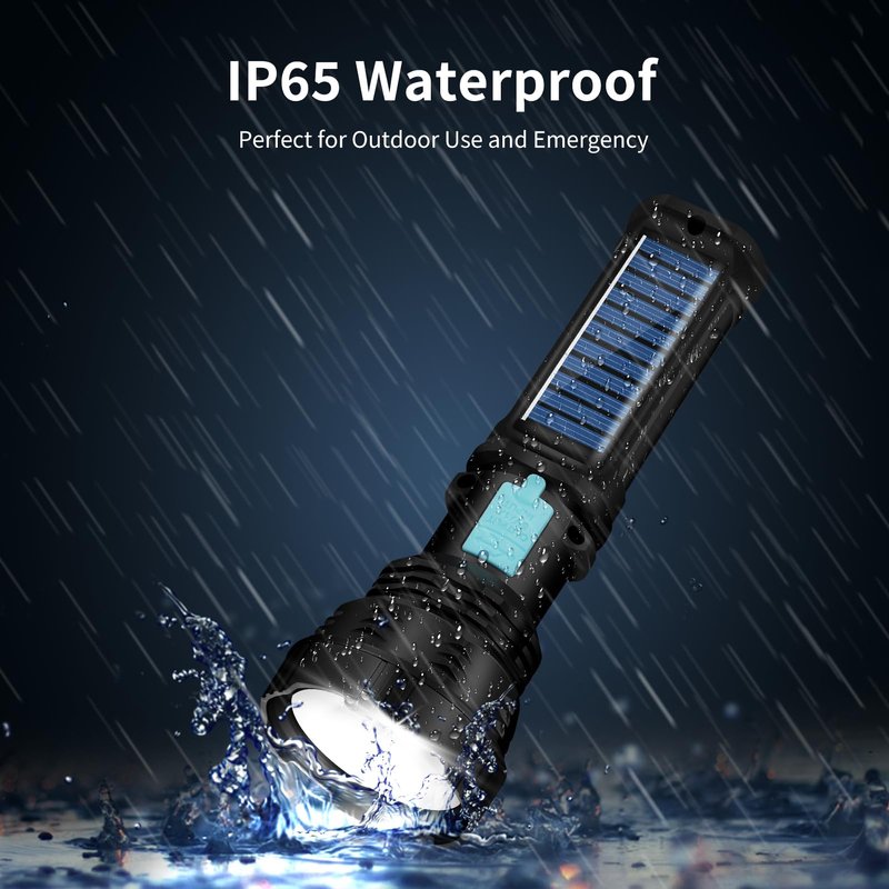 VOETIR Led Solar Flashlight, 1500 Lumens Led Solar Handheld Rechargeable Flashlights with IP65 Waterproof, 2000mAh Battery for Survival Emergencies Camping (1 Pack)