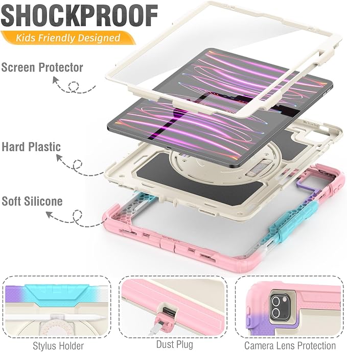 HXCASEAC Case for iPad Pro 12.9 Case (6th 5th 4th 3rd Generation) Shockproof Design | Pencil Holder | Hand Strap | Screen Protector | Heavy Duty Protective iPad 12.9 inch 2022/2021/2020/2018 - Black
