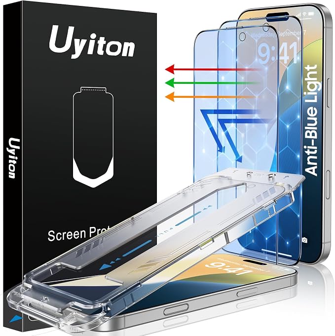 Uyiton Anti-Blue Light for iPhone 15 Plus Screen Protector | Unbreak-Glass Easy to Install Full Coverage Case Friendly Scratch Resistance 9H Tempered Glass Screen Protector 2 Pack