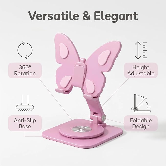 Butterfly Cell Phone Stand for Desk Aluminum Alloy 360° Rotating Phone Holder Height &amp Angle Adjustable Foldable Desktop Dock Universal Anti-Slip for Smartphones Tablets Home Office Travel