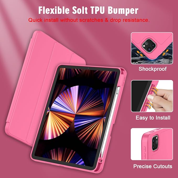 New iPad Pro 11 Inch Case 2022(4th Gen)/2021(3rd Gen)/2020(2nd Gen) with Pencil HolderSmart iPad Case [Support Touch ID and Auto Wake/Sleep] with Auto 2nd Gen Pencil Charging (Deep Pink)