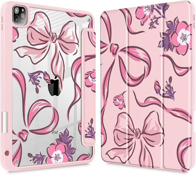 Mektron Case for iPad Pro 11 inch Case M2 2022 Generation 4th Fit 2021 2020 2018 iPad Pro 11 (3rd 2nd &amp 1st Gen) -Buit in Pencil Holder with Shockproof Cover Clear Shell Blue Bows &amp Flower