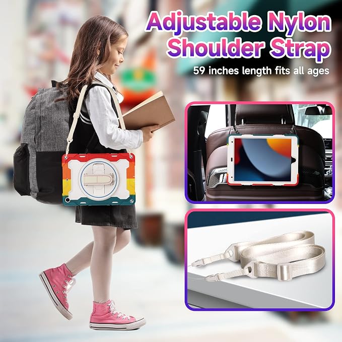 for iPad 9th 8th 7th Gen Case 10.2 inch with Screen Protector | 360° Rotating Kickstand Hand Strap Shoulder Strap Heavy Duty Military Grade - Kids Friendly